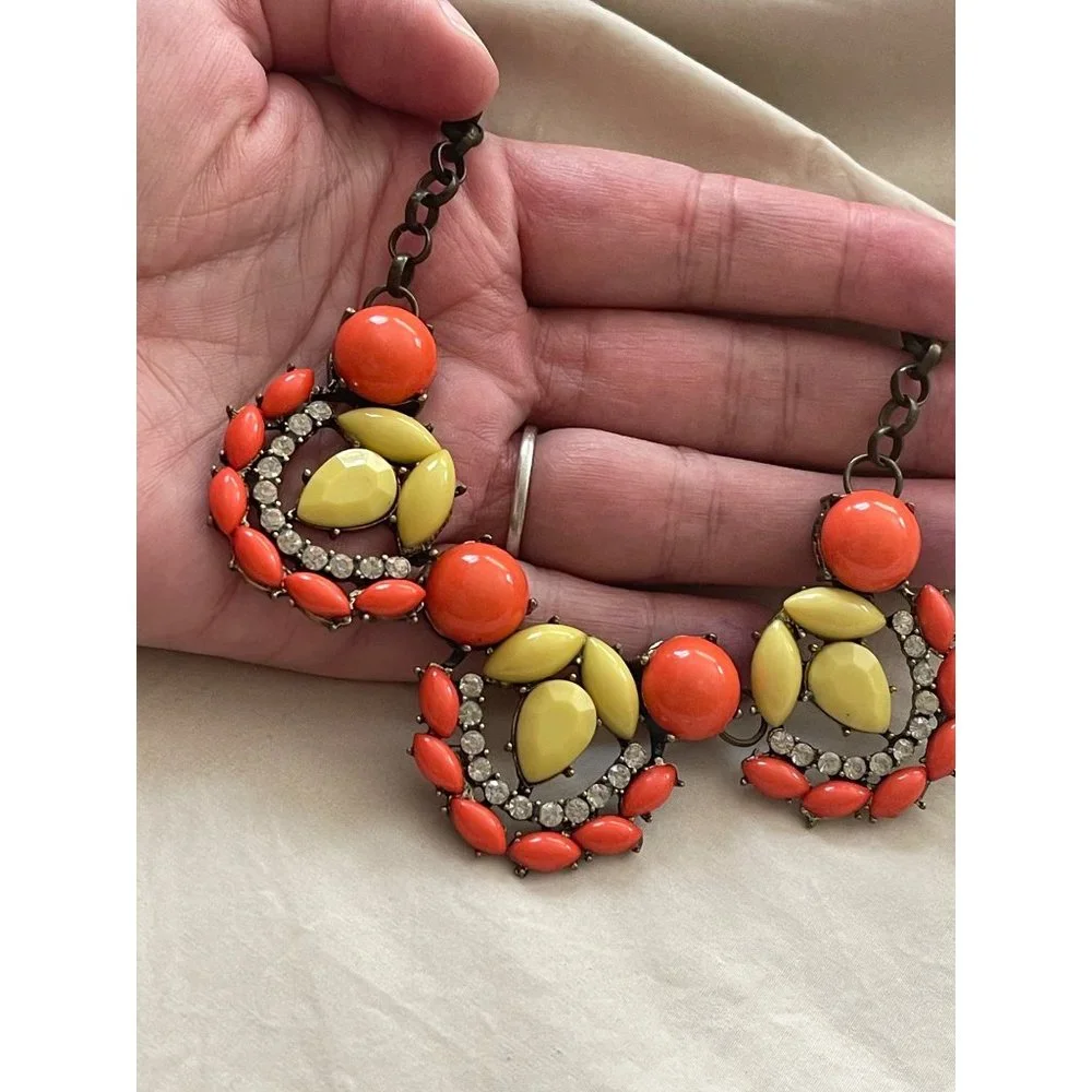 Vintage Coral / Pale Yellow Faux Gem and Rhinestone Bling Statement Necklace - Picture 7 of 12